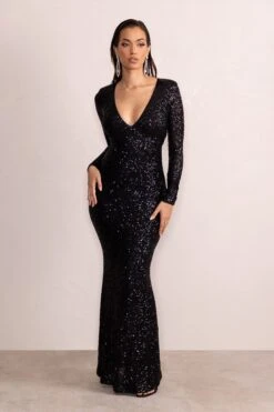 Amani | Black Sequin Plunge Neck Long Sleeves Fishtail Maxi Dress