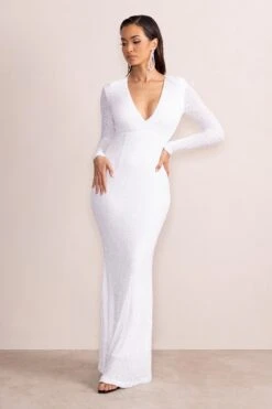 Amani | White Sequin Plunge Neck Long Sleeves Fishtail Maxi Dress -Sangyong Store CL127680 AmaniWhiteSequinPlungeNeckLongSleevesFishtailMaxiDress2