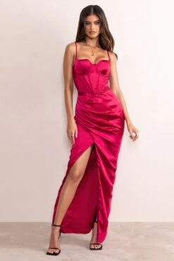 Alessandra | Berry Red Satin Cupped Corset Bodice Maxi Dress With Thigh Split -Sangyong Store CL127751 AlessandraWineSatinCurvedBustCorsetBodiceMaxiDressWithThighSplit1