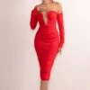Charlotte | Red Deep Plunge Ruched Long Sleeved Midi Dress -Sangyong Store CL127766 CharlotteRedShapedFrontCutOutRuchedLongSleevesMaxiDress0