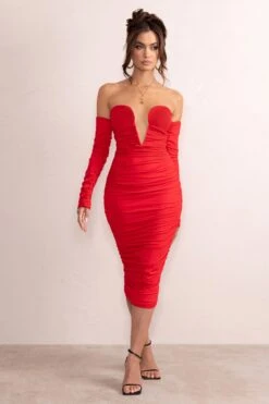 Charlotte | Red Deep Plunge Ruched Long Sleeved Midi Dress -Sangyong Store CL127766 CharlotteRedShapedFrontCutOutRuchedLongSleevesMaxiDress1