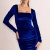 Muse | Royal Blue Velvet Long Sleeve Square Neck Ruched Mini Dress