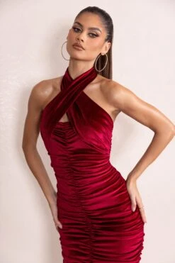 Hourglass | Berry Velvet Halterneck Ruched Midi Dress -Sangyong Store CL127979 HourglassBerryVelvetHalterneckRuchedMidiDress3