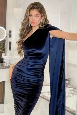 Gloria | Navy Velvet One Shoulder Cape Bodycon Midi Dress -Sangyong Store CL128015 Blue