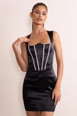 Elyse | Black Satin Reverse Sweetheart Neckline Corset Mini Dress With Diamante Detail -Sangyong Store CL128017 ElyseBlackSatinReverseSweetheartNecklineCorsetMiniDressWithDiamanteDetail0