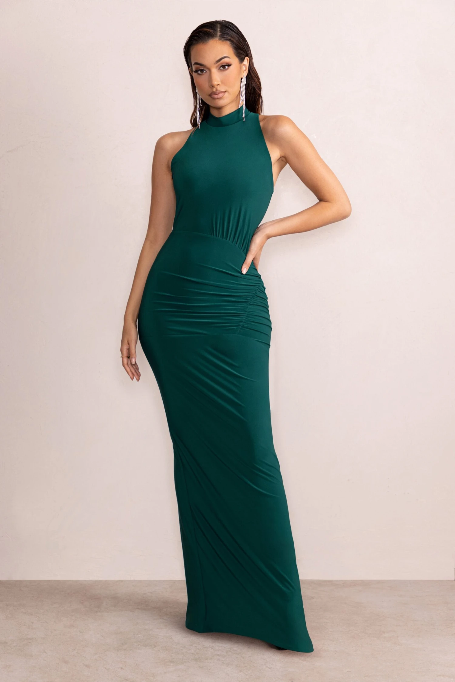Liori | Bottle Green Halter Neck Maxi Dress With Ruching Detail 7 Liori | Bottle Green Halter Neck Maxi Dress With Ruching Detail - Image 5