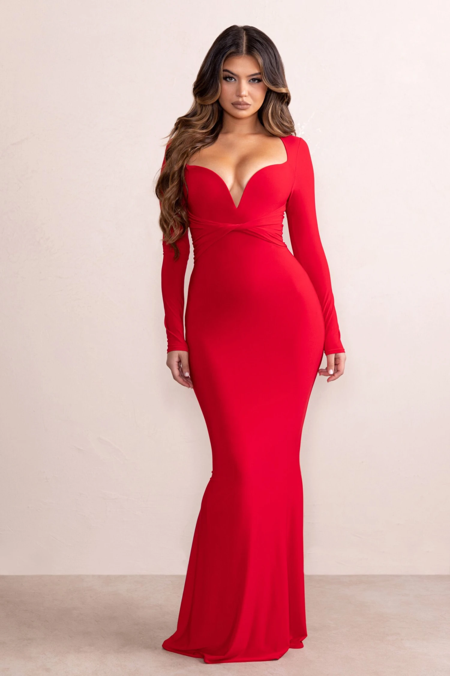 Leah | Red Plunge Sweetheart Neckline Fishtail Maxi Dress With Twist Front Detail 3 Leah | Red Plunge Sweetheart Neckline Fishtail Maxi Dress With Twist Front Detail