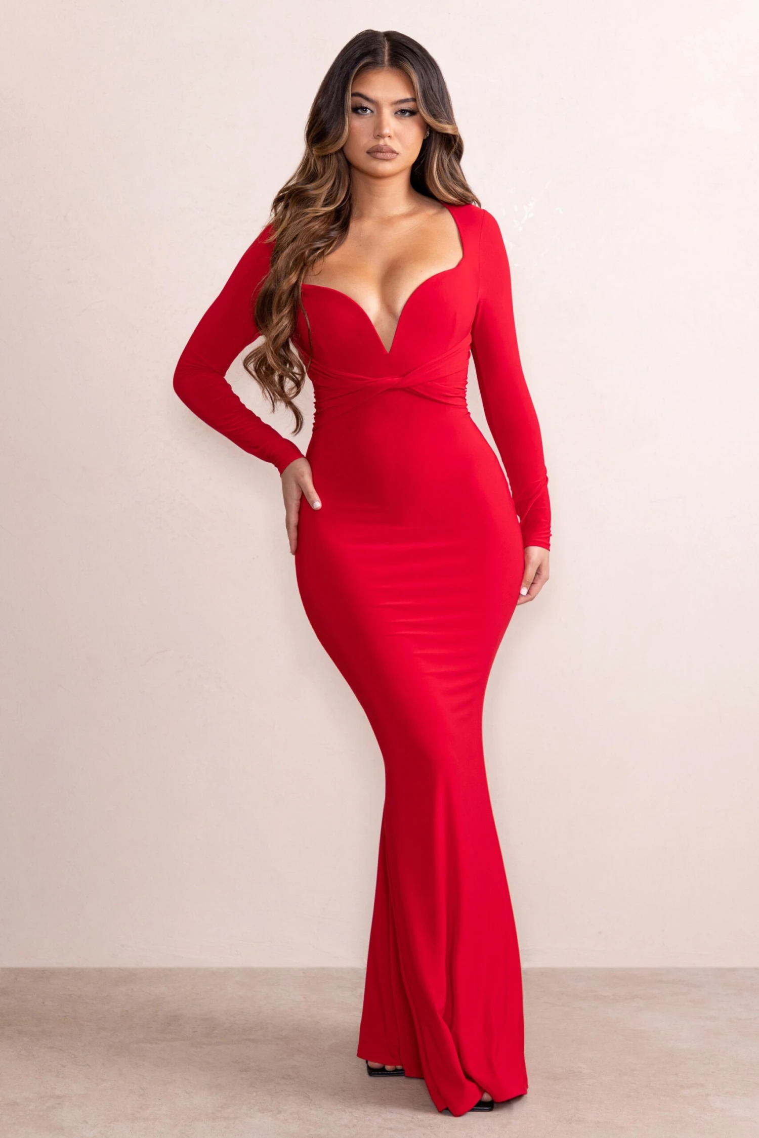 Leah | Red Plunge Sweetheart Neckline Fishtail Maxi Dress With Twist Front Detail 6 Leah | Red Plunge Sweetheart Neckline Fishtail Maxi Dress With Twist Front Detail - Image 4