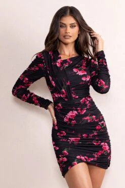 Everly | Black Floral Print High Neckline Ruched Detail Long Sleeve Mini Dress