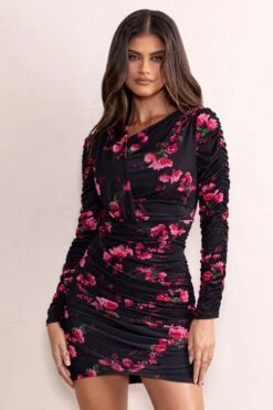 Everly | Black Floral Print High Neckline Ruched Detail Long Sleeve Mini Dress -Sangyong Store CL128045 EverlyBlackFloralPrintAsymmetricNecklineRuchedDetailLongSleeveMiniDress1