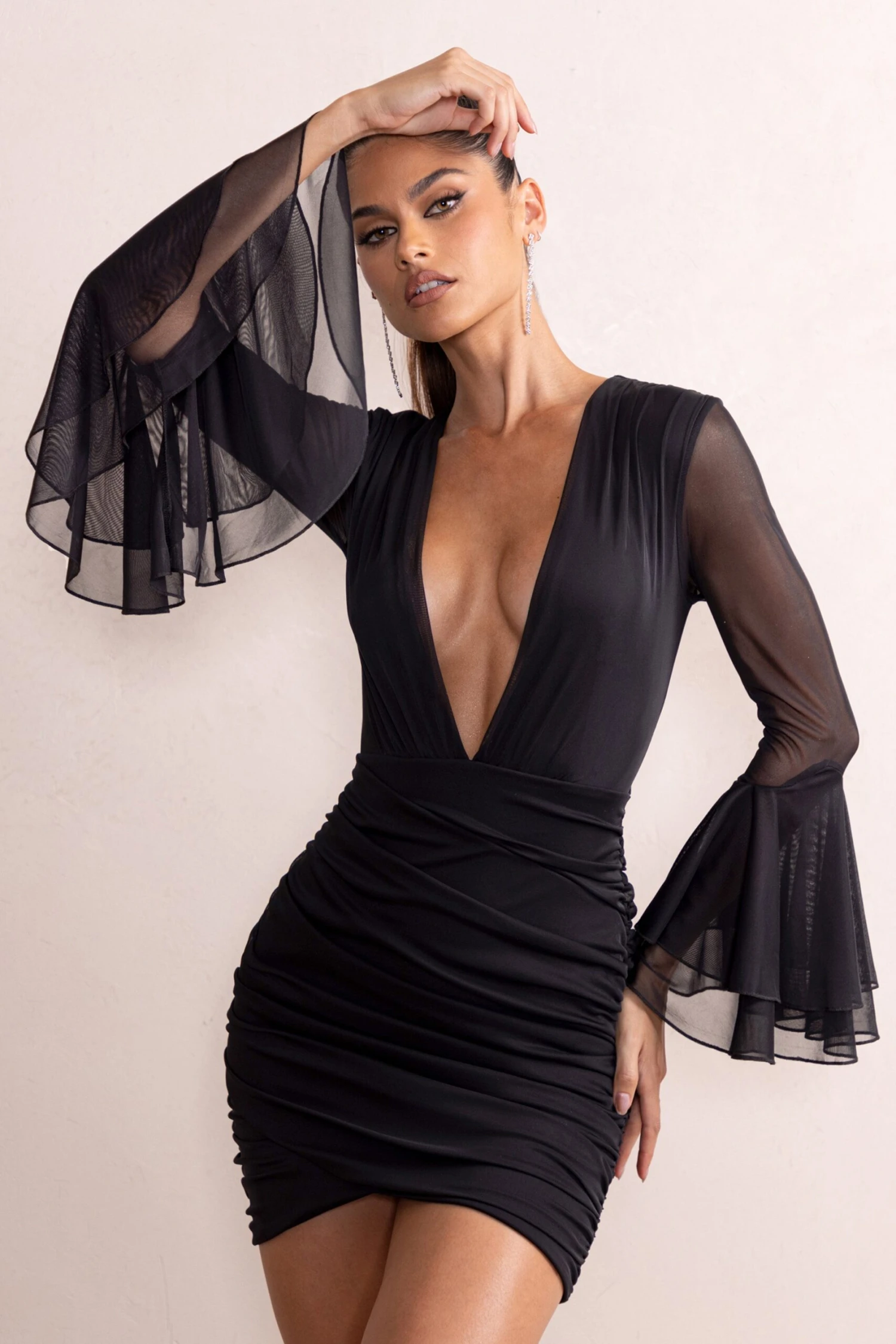 Leilani | Black Ruched Deep Plunge Chiffon Mini Dress With Ruffled Sleeves 6 Leilani | Black Ruched Deep Plunge Chiffon Mini Dress With Ruffled Sleeves - Image 4