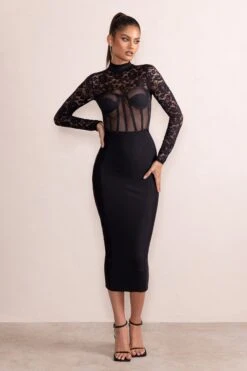 Devora | Black Lace Mesh High Neck Corset Detail Midi Dress With Long Sleeves -Sangyong Store CL128052 DevoraBlackLaceAndMeshHighNeckCorsetDetailMidiDressWithLongSleeves1