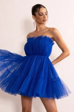 Aella | Cobalt Blue Bandeau Volume Pleated Tulle Mini Dress -Sangyong Store CL128077 AellaCobaltBlueBandeauVolumePleatedTulleMiniDress13