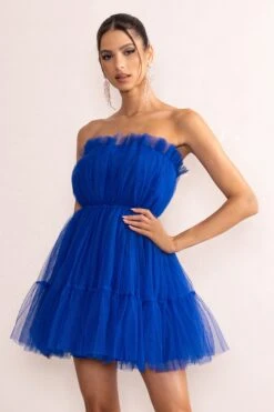 Aella | Cobalt Blue Bandeau Volume Pleated Tulle Mini Dress -Sangyong Store CL128077 AellaCobaltBlueBandeauVolumePleatedTulleMiniDress14