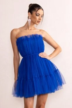 Aella | Cobalt Blue Bandeau Volume Pleated Tulle Mini Dress -Sangyong Store CL128077 AellaCobaltBlueBandeauVolumePleatedTulleMiniDress6