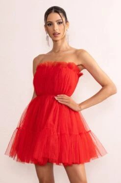 Aella | Red Bandeau Volume Pleated Tulle Mini Dress 10 Aella | Red Bandeau Volume Pleated Tulle Mini Dress -Sangyong Store CL128077 AellaRedBandeauVolumePleatedTulleMiniDress0