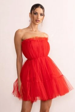 Aella | Red Bandeau Volume Pleated Tulle Mini Dress 11 Aella | Red Bandeau Volume Pleated Tulle Mini Dress -Sangyong Store CL128077 AellaRedBandeauVolumePleatedTulleMiniDress2