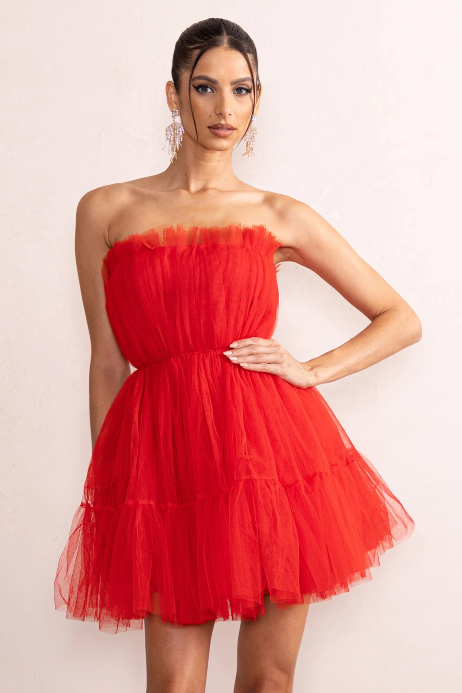 Aella | Red Bandeau Volume Pleated Tulle Mini Dress 3 Aella | Red Bandeau Volume Pleated Tulle Mini Dress