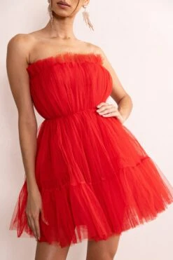 Aella | Red Bandeau Volume Pleated Tulle Mini Dress 9 Aella | Red Bandeau Volume Pleated Tulle Mini Dress -Sangyong Store CL128077 AellaRedBandeauVolumePleatedTulleMiniDress4