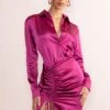 Francine | Orchid Satin Ruched Long Sleeve Shirt Mini Dress