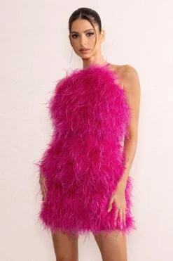 Gina | Pink High Neck Feather Mini Dress With Cross Back -Sangyong Store CL128080 GinaOrchidHighNeckFeatherMiniDressWithCrossBack2