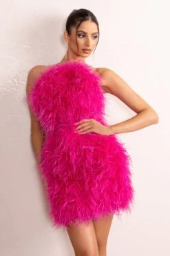 Gina | Pink High Neck Feather Mini Dress With Cross Back -Sangyong Store CL128080 GinaOrchidHighNeckFeatherMiniDressWithCrossBack3