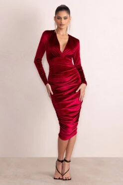 Antonella | Berry Velvet Plunge Neck Ruched Midi Dress With Long Sleeves