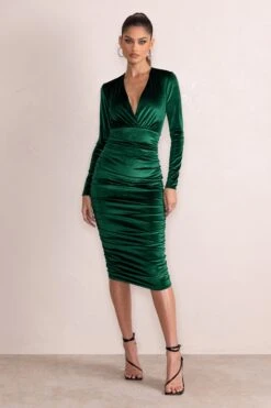 Antonella | Bottle Green Velvet Plunge Neck Ruched Midi Dress With Long Sleeves