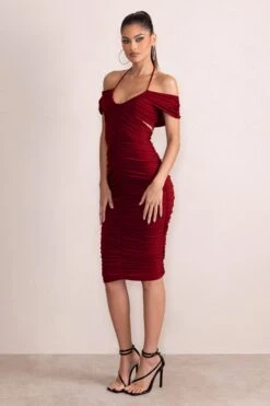 Dulcie | Burgundy Halter Neck Cut Out Ruched Midi Dress 9 Dulcie | Burgundy Halter Neck Cut Out Ruched Midi Dress -Sangyong Store CL128175 DulcieBurgundyHalterNeckCutOutRuchedMidiDress3