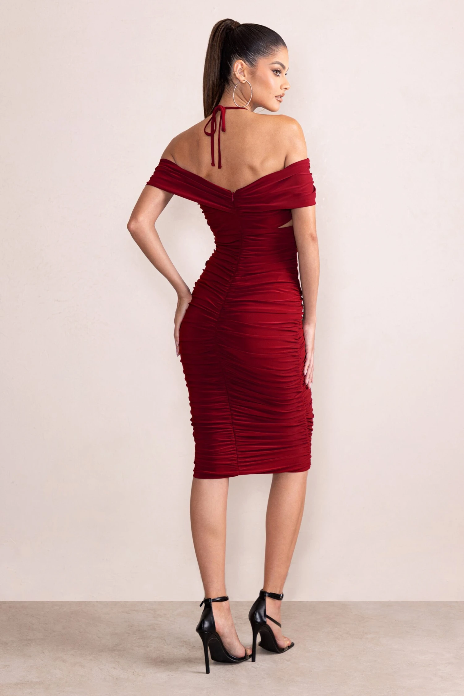 Dulcie | Burgundy Halter Neck Cut Out Ruched Midi Dress 4 Dulcie | Burgundy Halter Neck Cut Out Ruched Midi Dress - Image 2