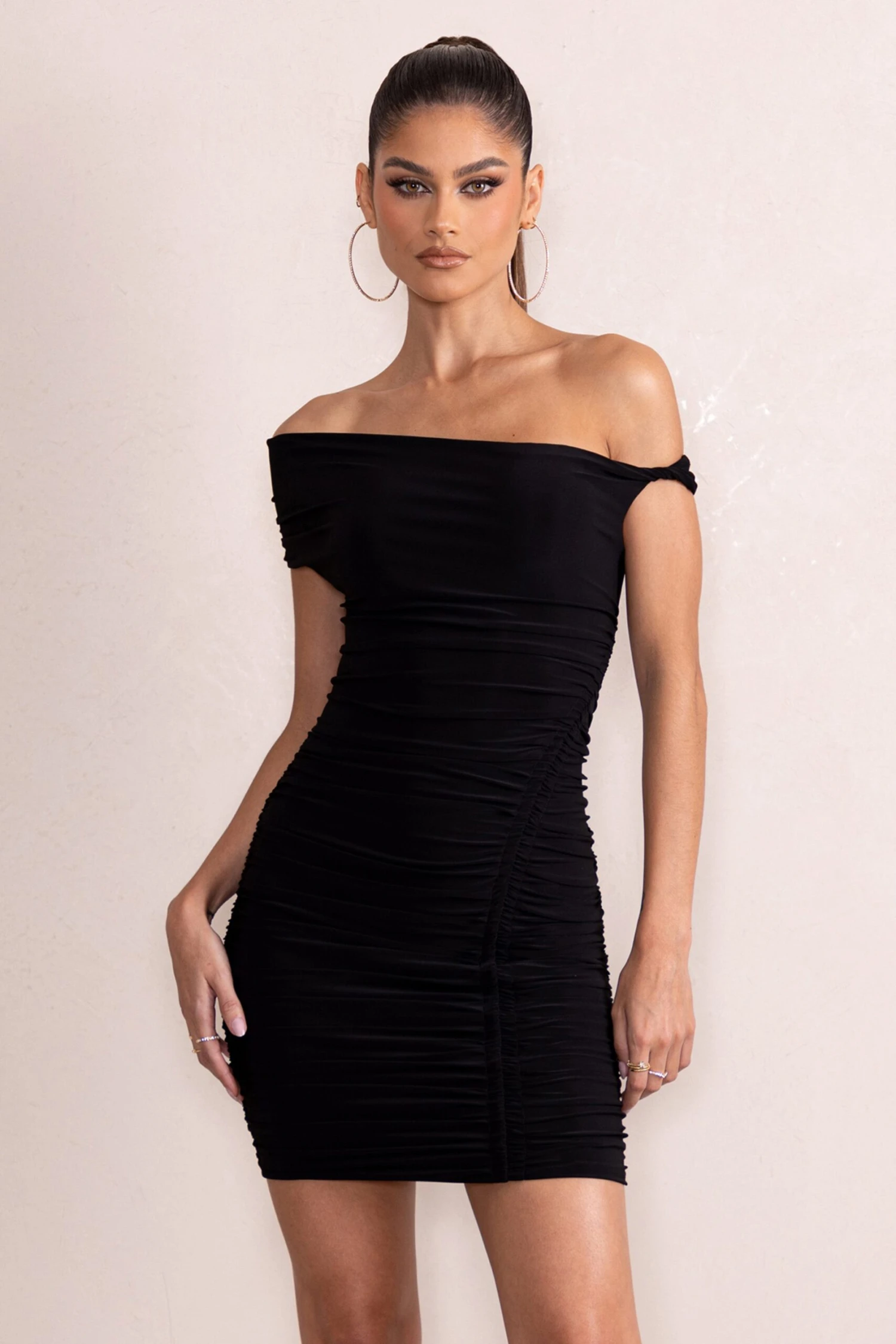 Coco | Black Asymmetric Bardot Mini Dress With Ruching Detail 3 Coco | Black Asymmetric Bardot Mini Dress With Ruching Detail