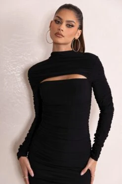 Peyton | Black Ruched Cut Out Bodycon Midi Dress With Long Sleeves -Sangyong Store CL128186 PeytonBlackRuchedCutOutBodyconMidiDressWithLongSleeves3