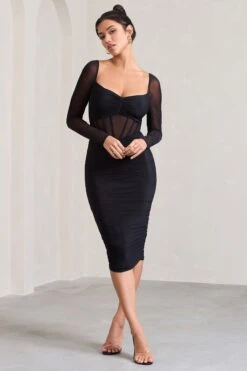 Abiba | Black Ruched Front Corset Midi Dress With Long Sleeves -Sangyong Store HR CL128061002 AbibaBlackRuchedMeshCorsetMidiDressWithLongSleeves1