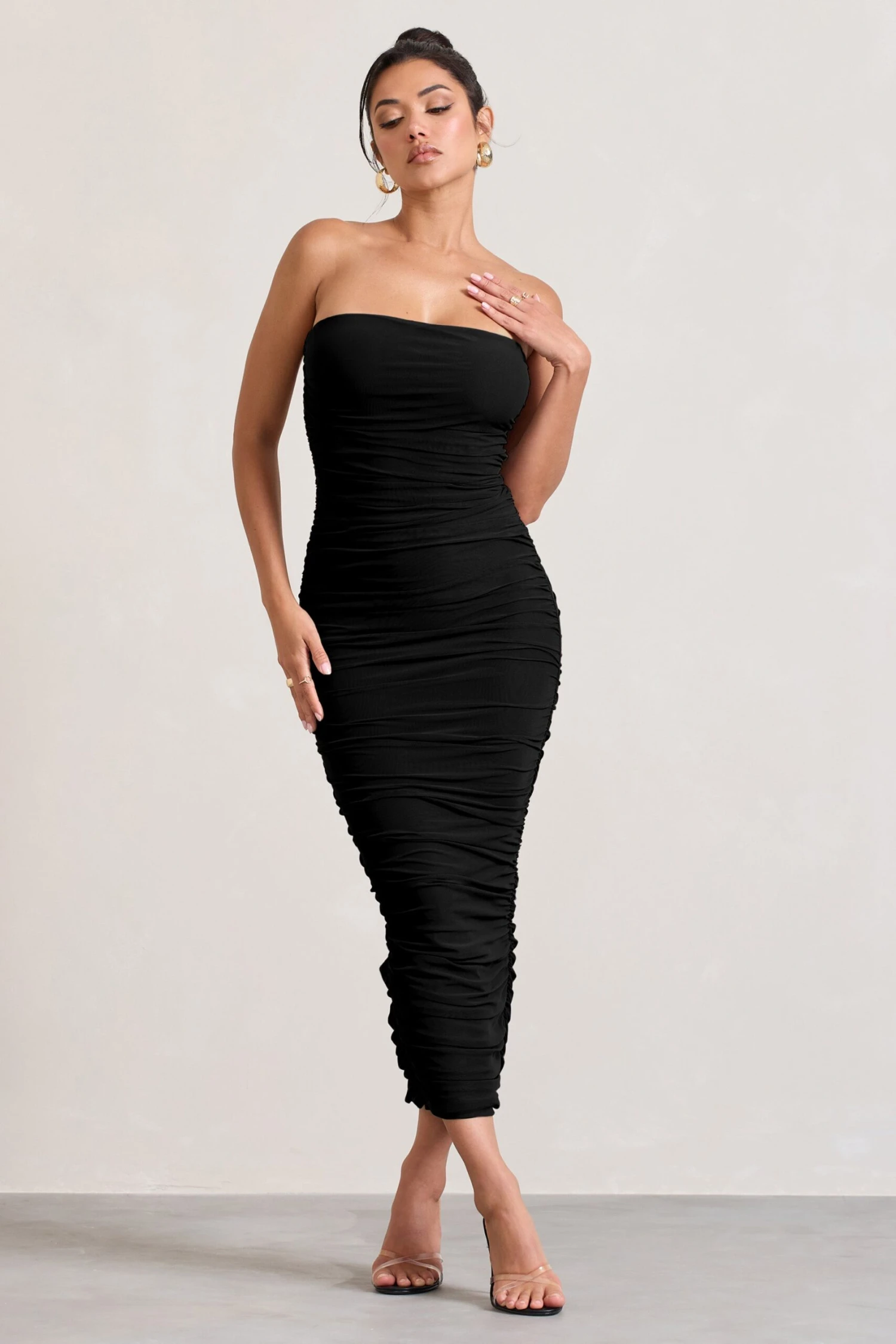 My Lady | Black Strapless Bodycon Ruched Mesh Maxi Dress 6 My Lady | Black Strapless Bodycon Ruched Mesh Maxi Dress - Image 4
