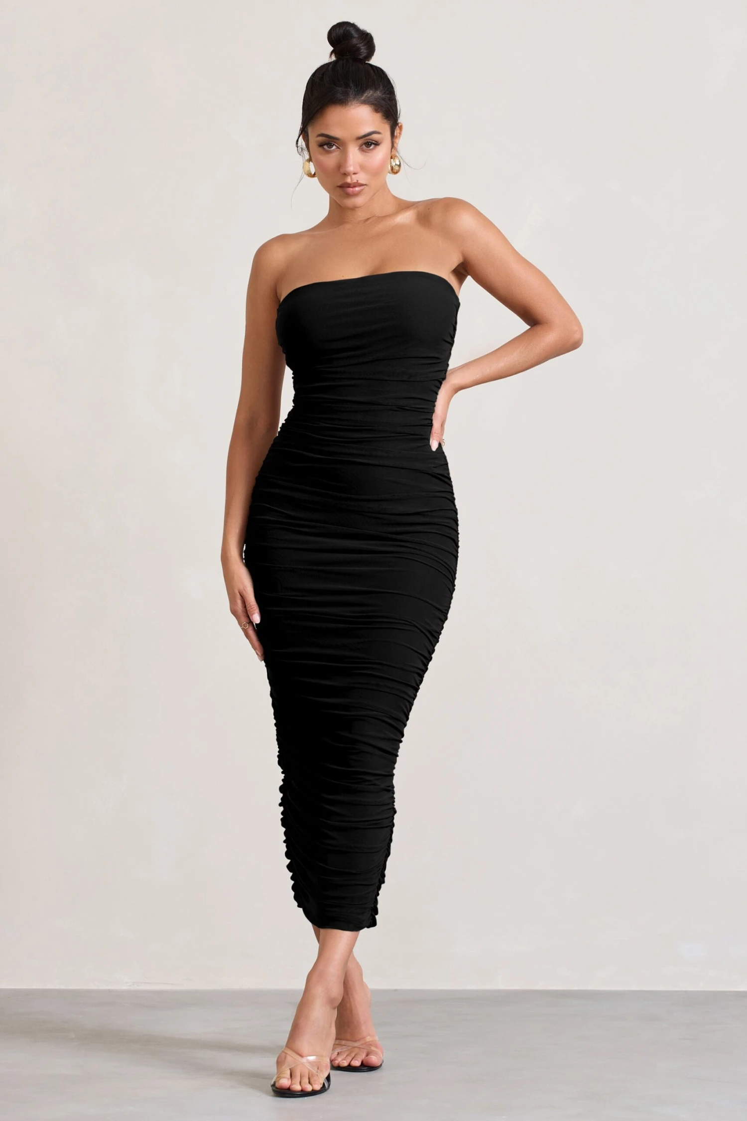 My Lady | Black Strapless Bodycon Ruched Mesh Maxi Dress 3 My Lady | Black Strapless Bodycon Ruched Mesh Maxi Dress