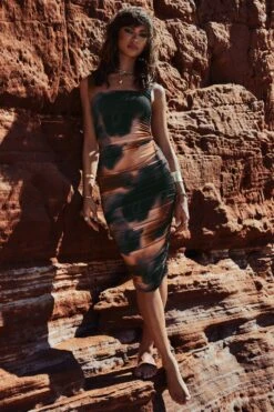 Lisbon | Orange Smoke Print Square Neck Ruched Midi Dress -Sangyong Store WB 1S8A8255 CL127326158