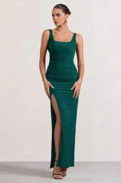 Kate | Bottle Green Square Neck Maxi Dress With Plunge Back And Side Thigh Split -Sangyong Store WB AMEND CC BR CL127639 KateBottleGreenSquareNeckMaxiDresswithPlungeBackandSideThighSplit0