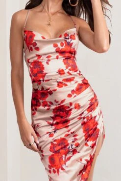 Risk It All | Champagne Floral Print Cami Cowl Neck Satin Asymmetric Hem Midi Dress -Sangyong Store WB BR CC CL126039 RiskItAllChampagneFloralPrintCamiCowlNeckAsymmetricHemDress Detail