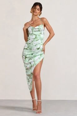 Risk It All | White & Green Floral Print Satin Cowl Asymmetric Midi Dress -Sangyong Store WB BR CC CL126039153 RiskItAllWhite GreenFloralPrintSatinCowlAsymmetricDress0