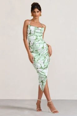 Risk It All | White & Green Floral Print Satin Cowl Asymmetric Midi Dress -Sangyong Store WB BR CC CL126039153 RiskItAllWhite GreenFloralPrintSatinCowlAsymmetricDress2