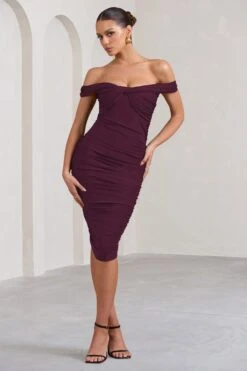 Gratitude | Plum Off The Shoulder Ruched Midi Dress