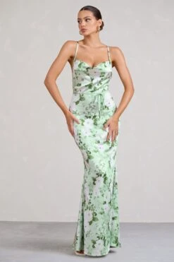 Lifetime | Green Floral Print Satin Cowl Neck Maxi Dress With Cross Back Detail -Sangyong Store WB BR CC CL127192153 LifetimeGreenFloralPrintSatinCowlNeckMaxiDressWithCrossBackDetail3copy