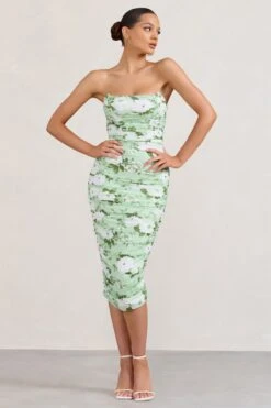 Negroni | White & Green Floral Print Bandeau Corset Ruched Mesh Midi Dress -Sangyong Store WB BR CC CL127289153 NegroniWhite GreenFloralPrintBandeauCorsetRuchedMeshMidiDress0