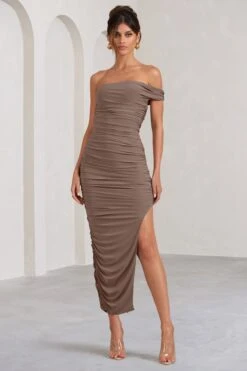 Celine | Mocha Asymmetric One Shoulder Ruched Maxi Dress With Curved Cut Out -Sangyong Store WB BR CC CL127507038 CelineMochaAsymmetricOneShoulderRuchedMaxiDressWithCurvedCutOut1