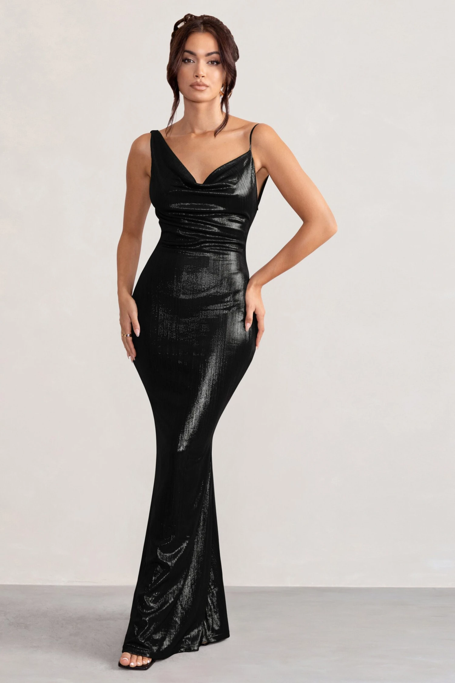 Galaxy Shimmer | Black Bias Cut Cowl Front Maxi Dress 6 Galaxy Shimmer | Black Bias Cut Cowl Front Maxi Dress - Image 4