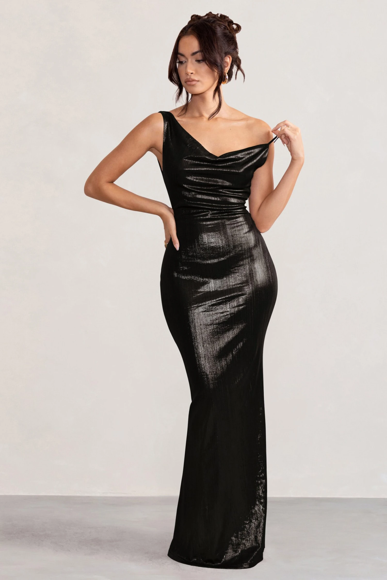 Galaxy Shimmer | Black Bias Cut Cowl Front Maxi Dress 3 Galaxy Shimmer | Black Bias Cut Cowl Front Maxi Dress