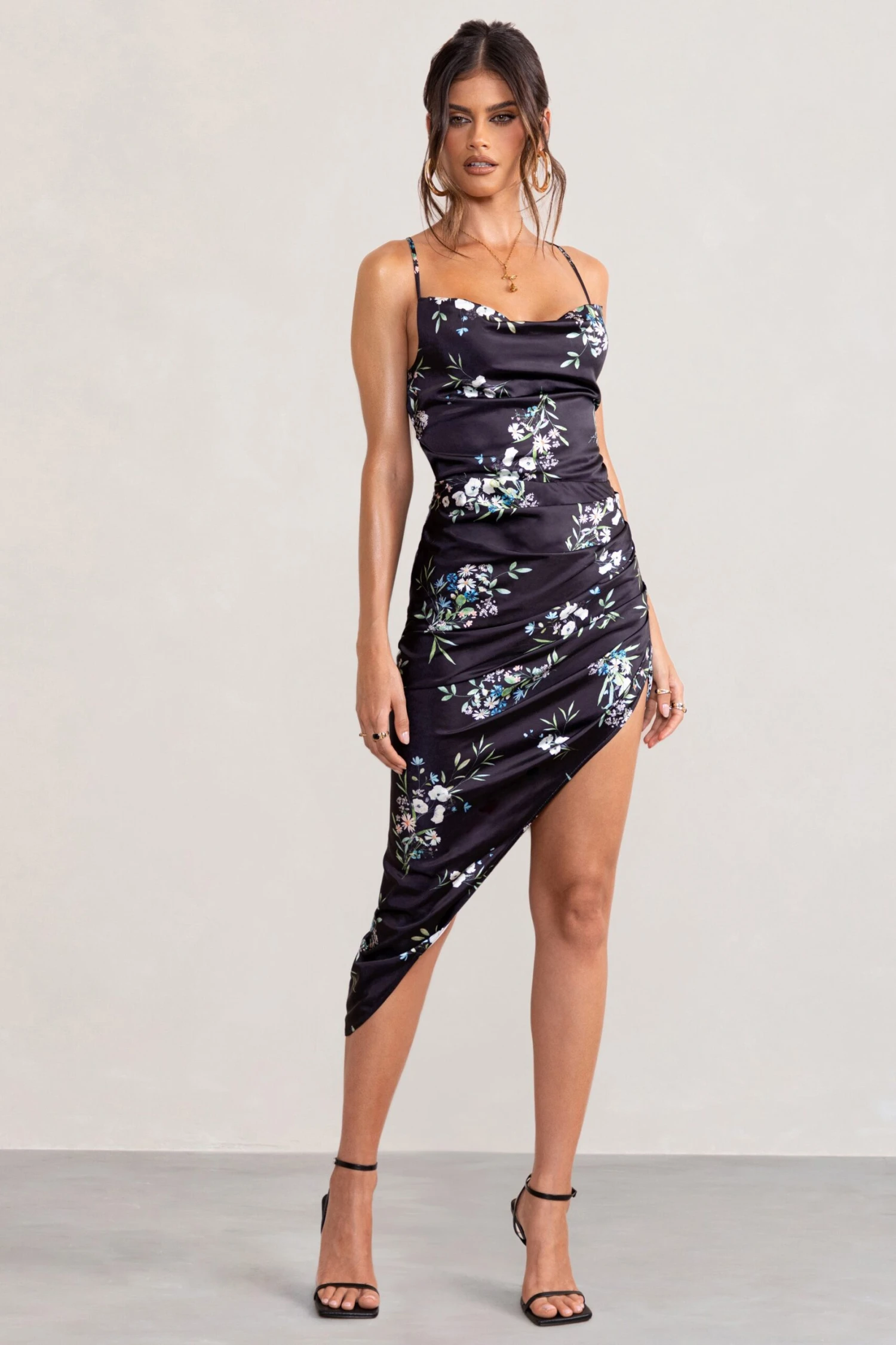 Risk It All | Black Floral Print Cowl Neck Satin Asymmetric Hem Midi Dress 7 Risk It All | Black Floral Print Cowl Neck Satin Asymmetric Hem Midi Dress - Image 5