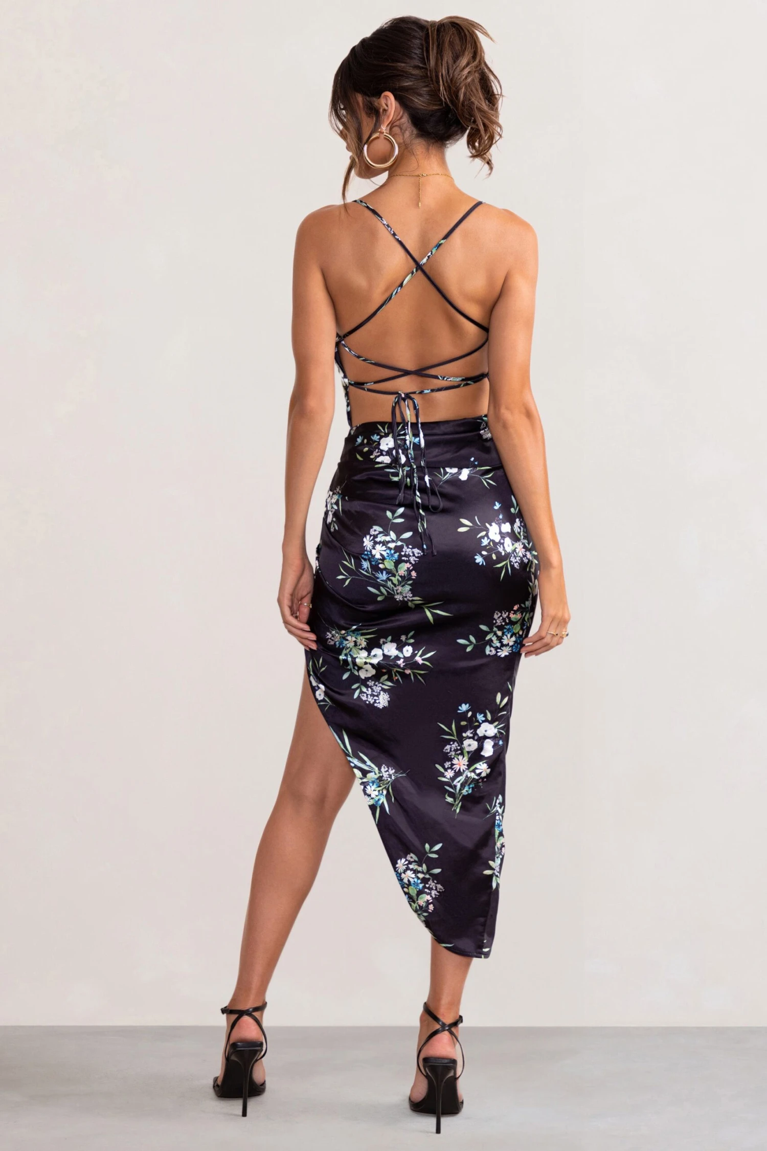 Risk It All | Black Floral Print Cowl Neck Satin Asymmetric Hem Midi Dress 4 Risk It All | Black Floral Print Cowl Neck Satin Asymmetric Hem Midi Dress - Image 2