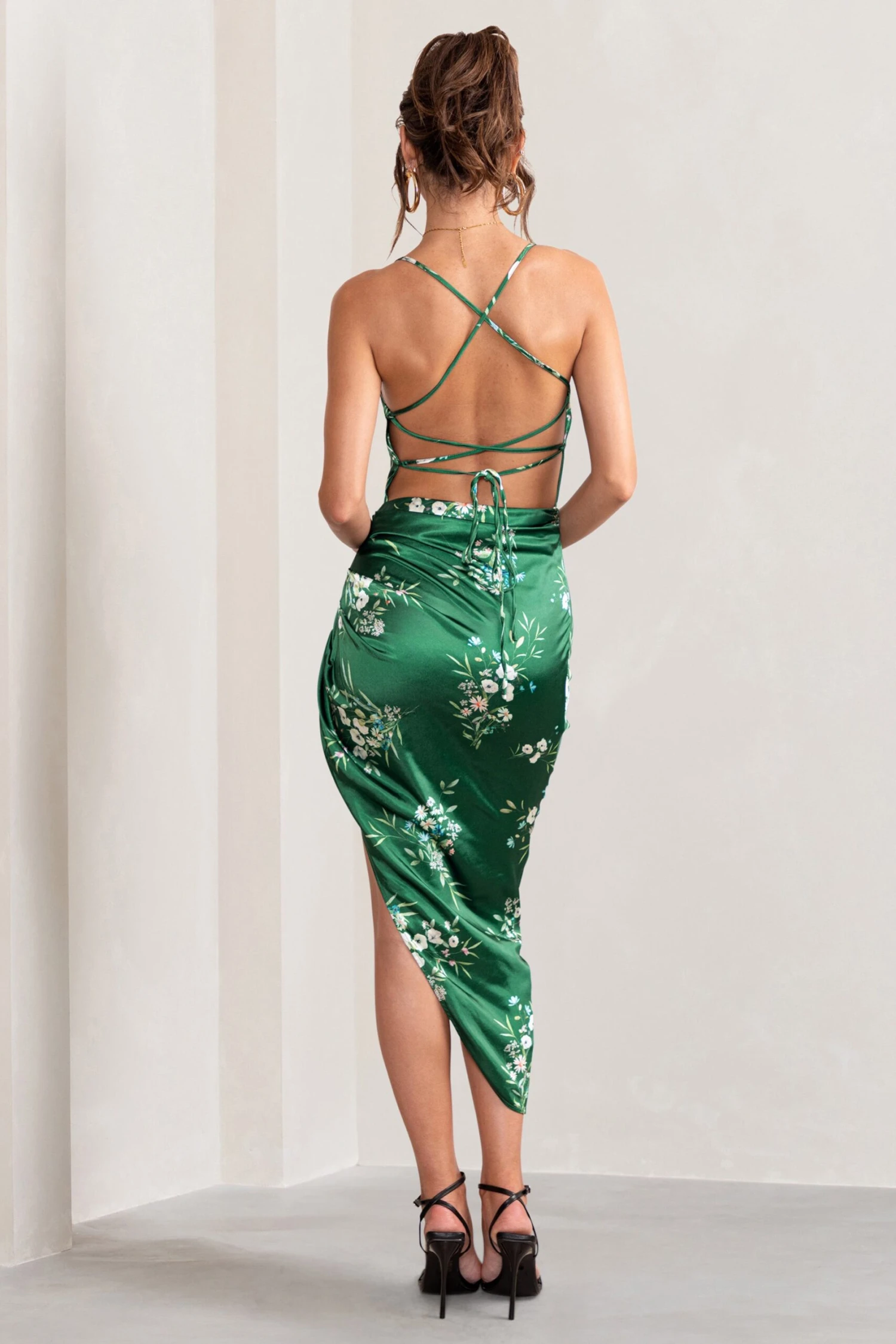 Risk It All | Green Floral Print Cami Cowl Neck Satin Asymmetric Hem Midi Dress 6 Risk It All | Green Floral Print Cami Cowl Neck Satin Asymmetric Hem Midi Dress - Image 4