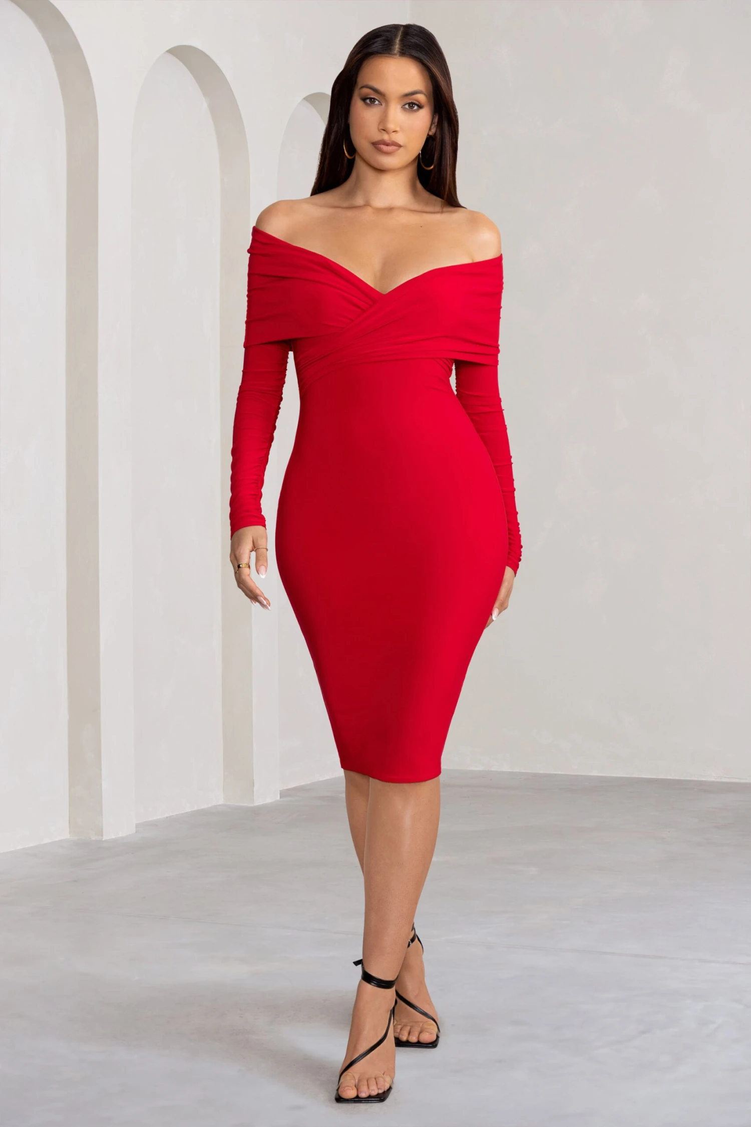 Flatter Me | Red Twist Front Bardot Midi Dress 3 Flatter Me | Red Twist Front Bardot Midi Dress